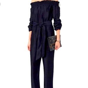 Intermix Shimmery Navy Off Shoulder Jumpsuit, S/P